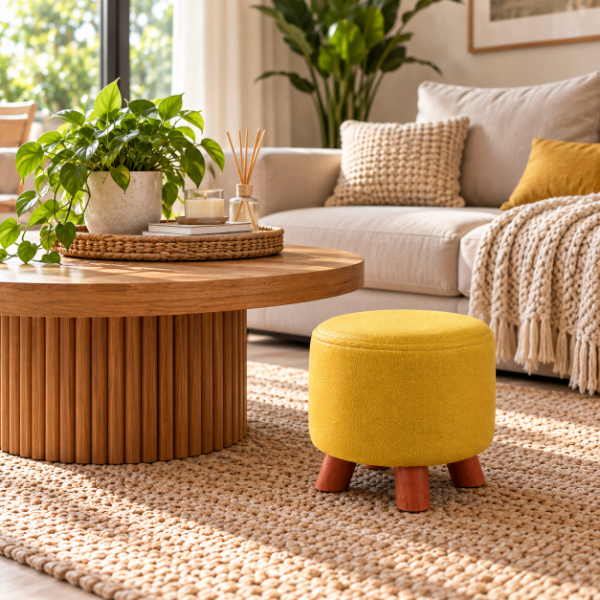 Producto - PUFF CIRCULAR C/ BASE MADERA 28CM DE DIAMETRO X 26 DE ALTURA TELA ACOLCHADA - 0