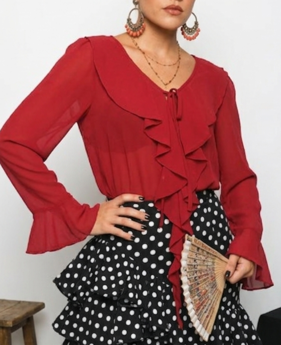 Producto - BLUSA DE GASA CON SHABOT ROJO OSCURO T1