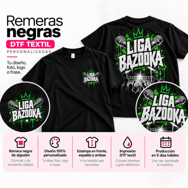 Producto - Remera Negra de Algodón Personalizada DTF Textil - Adolecentes - 0
