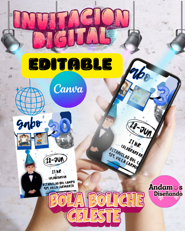 Producto - INVITACIÓN DIGITAL EDITABLES EN CANVA. 30 AÑOS BOLA DE BOLICHE