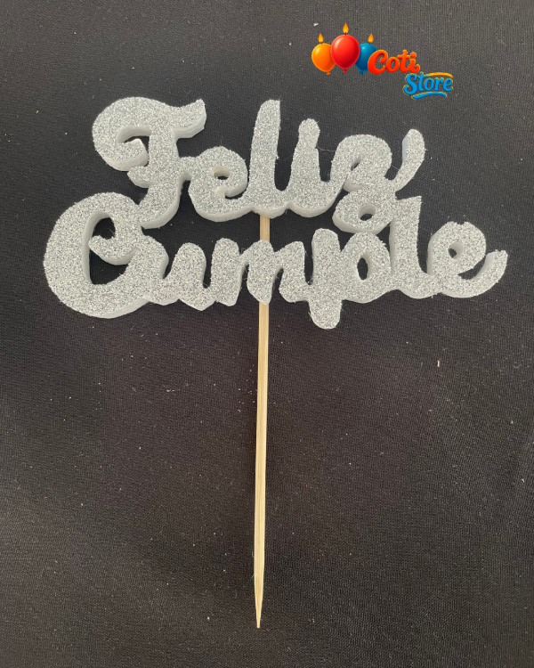 Producto - Topper de Telgopor FELIZ CUMPLEAÑOS con glitter Plateado