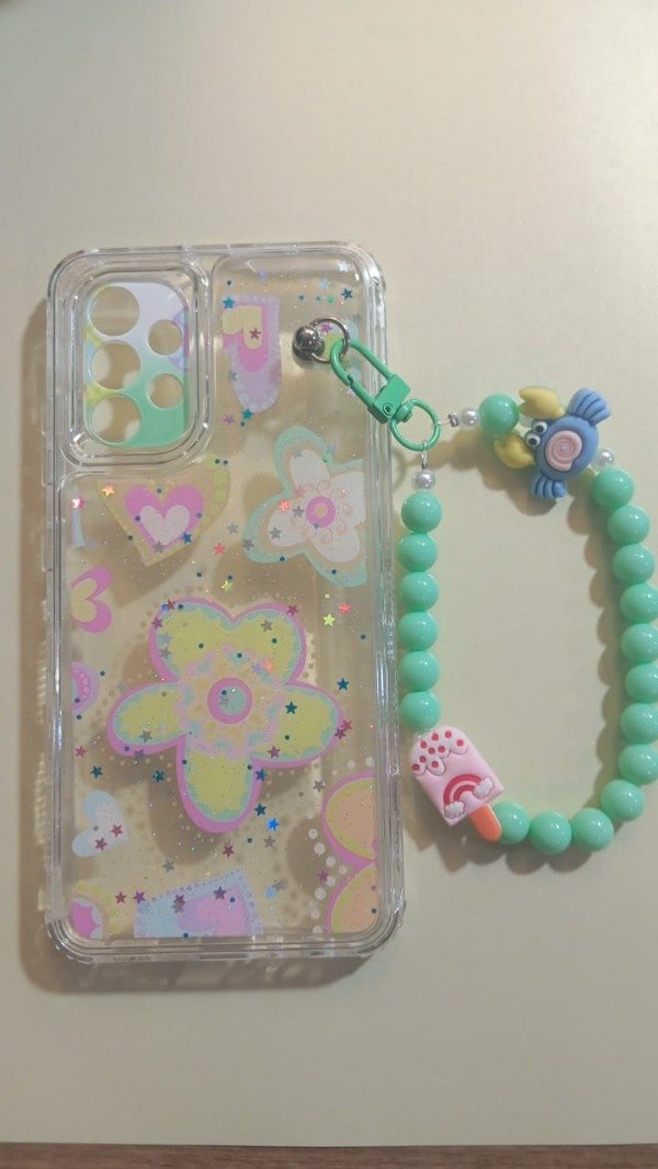 Producto - Funda Transparente Diseño Con Glitter y Cadena Flor Verde para Samsung A32