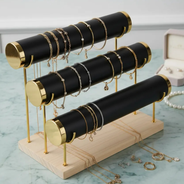 Producto - Exhibidor Porta Pulsera Reloj Tubo Triple Madera Dorado