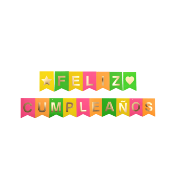 Producto - Banderin fluo FELIZ CUMPLEAÑOS color multicolor fluo letra dorada