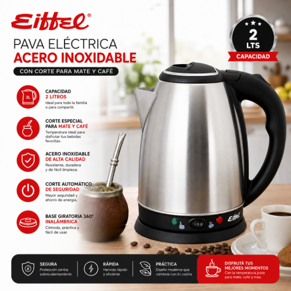 Producto - PAVA ELECTRICA EIFFEL INOXIDABLE CON CORTE MATE 2 LITROS