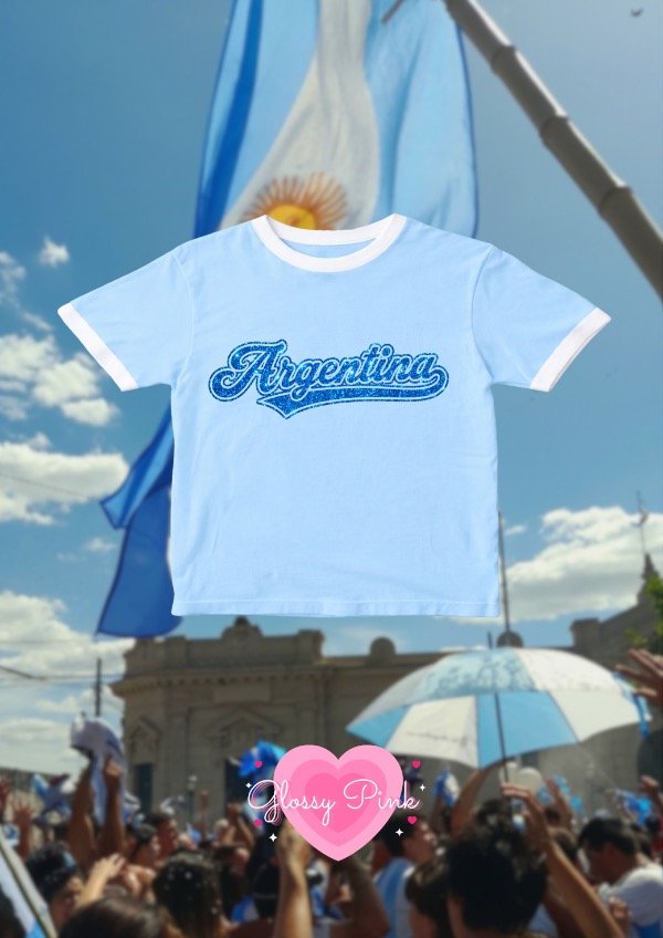 Producto - Baby Tee celeste Argentina retro - VINILO TEXTIL GLITTER