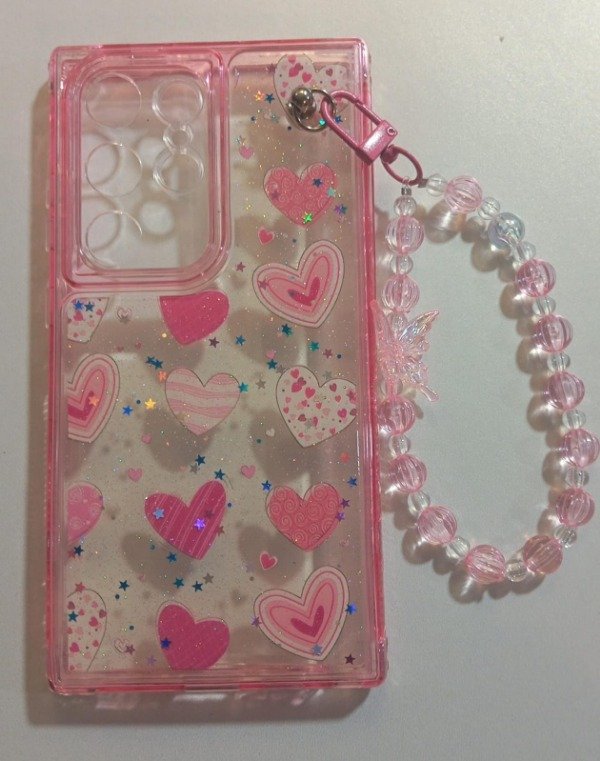 Producto - Funda Transparente Diseño Con Glitter y Cadena Corazon para Samsung S24 Ultra