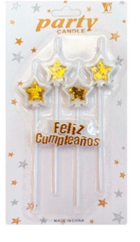 Producto - VELA FELIZ CUMPLEAÑOS CON CONFETTI ESTRELLA DORADO X 4