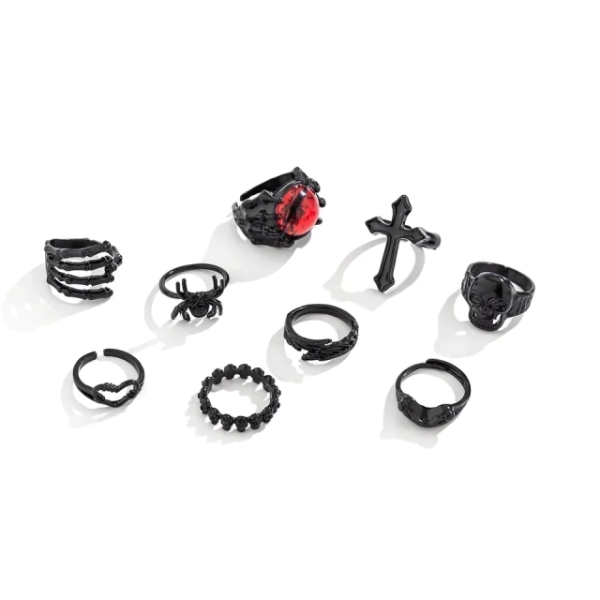 Producto - Set anillos x9 Black Skull Cruz