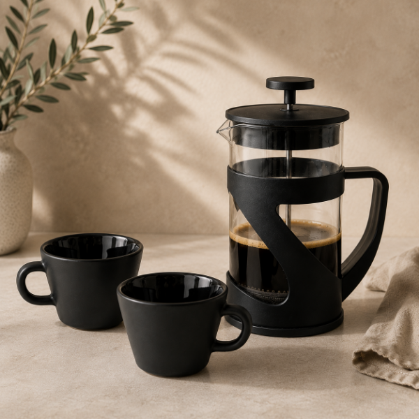 Producto - Set cafetero Cafetera con émbolo + 2 tazas de vidrio templado
