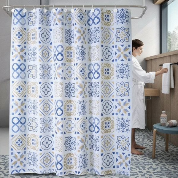 Producto - Cortina para Baño Simple Pesada  Línea Top Quality  "Blanco Tribal"