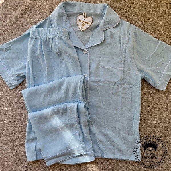 Producto - Pijama Camisero pantalón largo Celeste