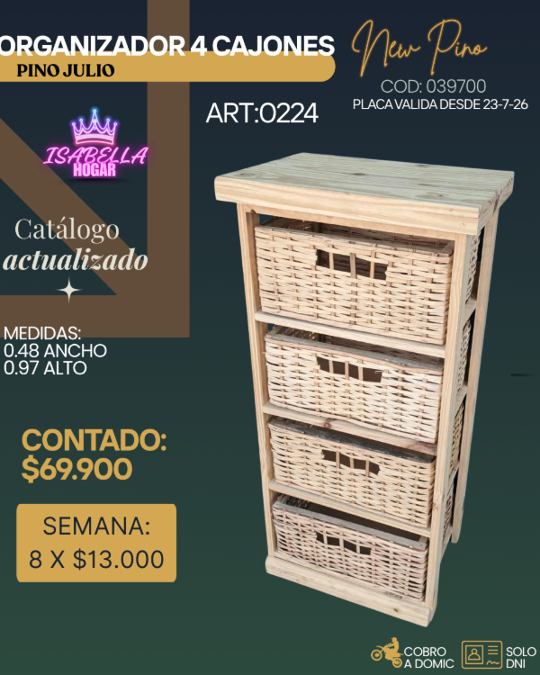 Producto - ORGANIZADOR 4 CAJONES PINO COD:039700