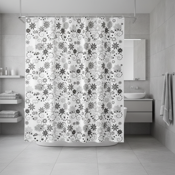 Producto - CORTINA PARA BAÑO DOBLE BASIC "FLORES/COLIBRÍ" NEGRO