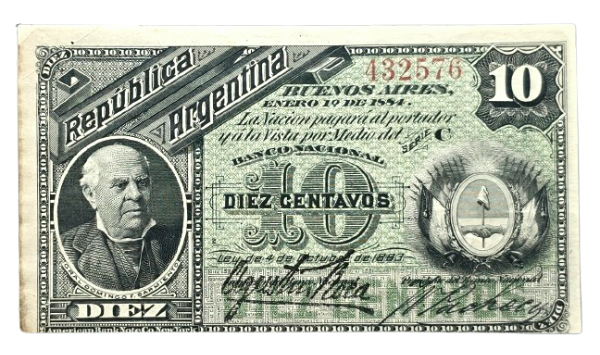 Producto - 10 Centavos Sarmiento (1884) Fraccionario (Roca - Pacheco) P.6//Bott.355a -VF