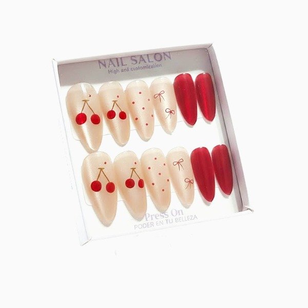 Producto - Uñas Press on Almendrada Tornasol con diseño Cereza - City Girl