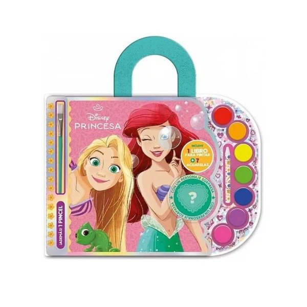 Producto - Set de arte princesas libro para pintar con 7 acuarelas 1 pincel 1 lápiz de cera