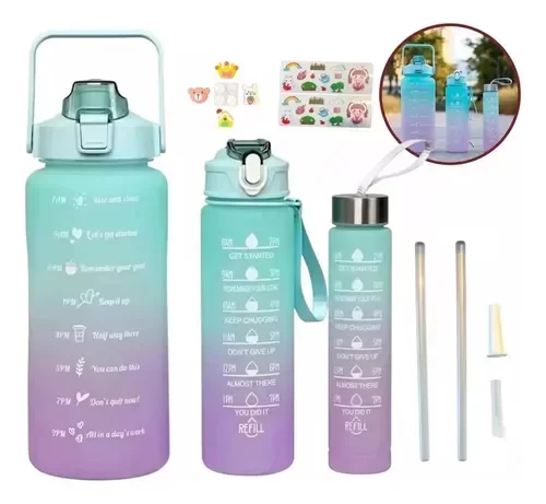 Producto - Set x3 Botellas Motivacionales Deportivas con Medidor y Stickers