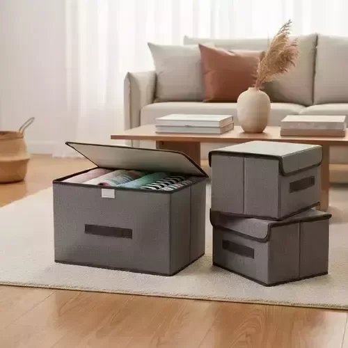 Producto - SET X2 - CAJA ORGANIZADORA CHICA DE TELA GRIS CON MANIJA Y VELCRO - 25CM