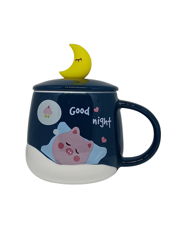 Producto - Set Taza Cerdito Con Tapa Y Cucharita Decoración Luna Dulces Sueños
