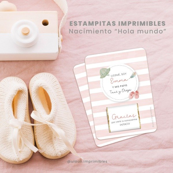 Producto - Estampitas Imprimibles Nacimiento Niña "Hola Mundo"