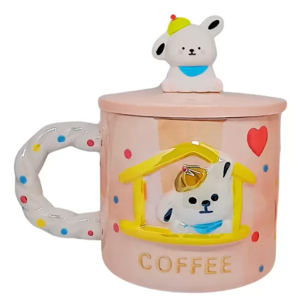 Producto - Set Taza Rosada De Perro Cachorro Blanco Con Tapa