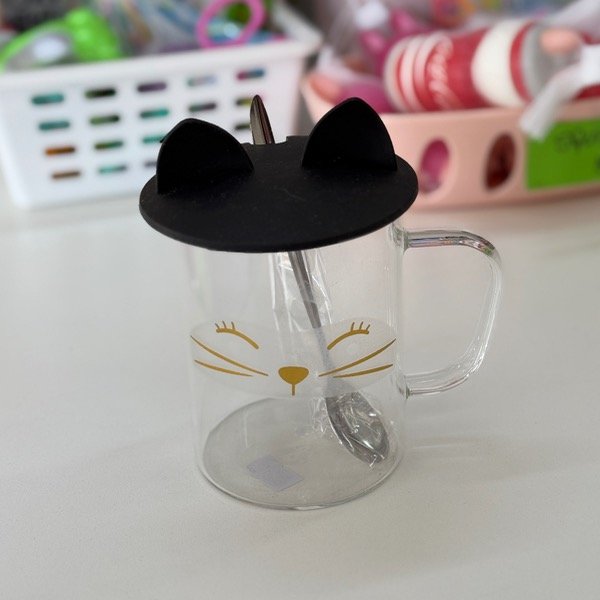 Producto - Taza de Vidrio con Tapa Silicona y cuchara Diseño Cara Gatitos 6953