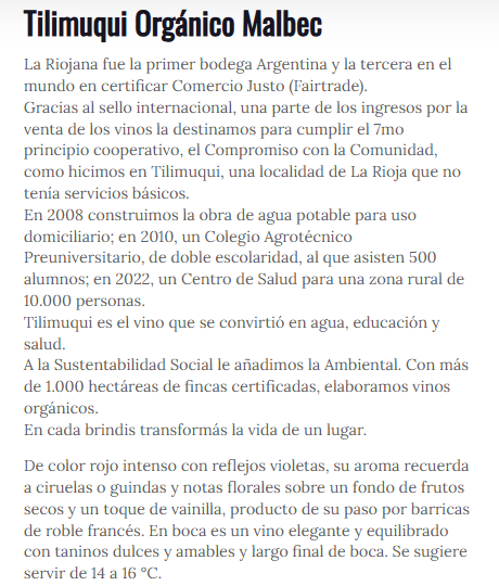 Producto - Vino Malbec Tilimuqui Orgánico La Riojana 750ml - 2