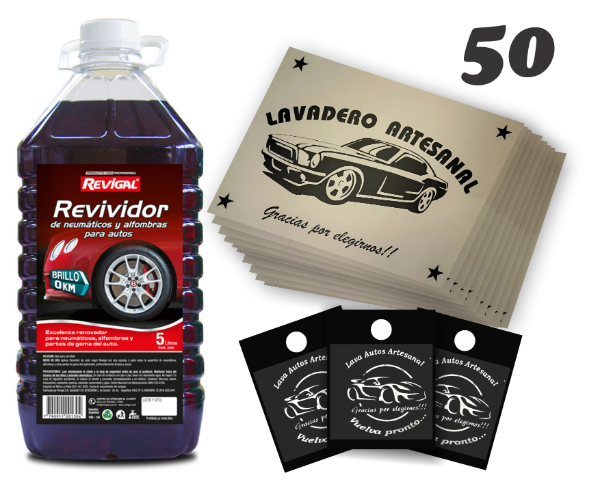 Producto - Revividor de Neumaticos 5 Litros REVIGAL + 50 Alfombras + 50 Bolsas de Friselina