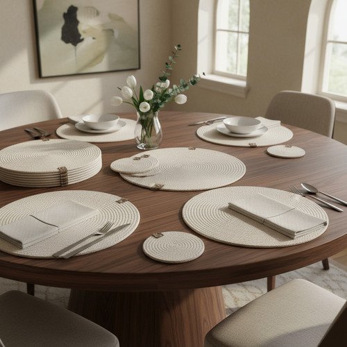 Producto - Set Plato Sitio 32 cm. Posavaso 12 cm x 6 Un. 7mm. Crudo