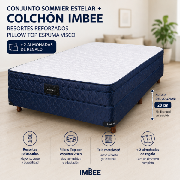 Producto - SOMMIER ESTELAR + COLCHON IMBEE PILLOW TOP ESPUMA VISCO + 2 ALMOHADAS DE REGALO