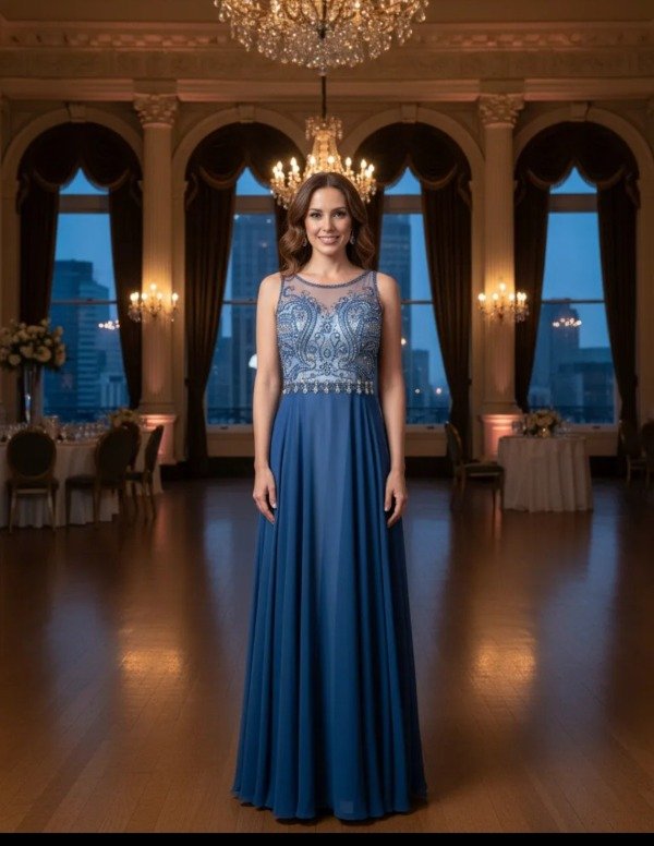 Vestido largo mujer azul francia con pedrería