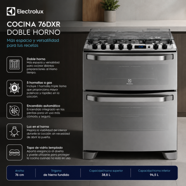 Producto - COCINA ELECTROLUX 76DXR - 76 cm Inox con Doble Horno
