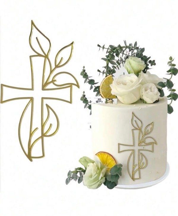Producto - Topper Acrilico Dorado Cruz con hojas Decoración Comunión Bautismo