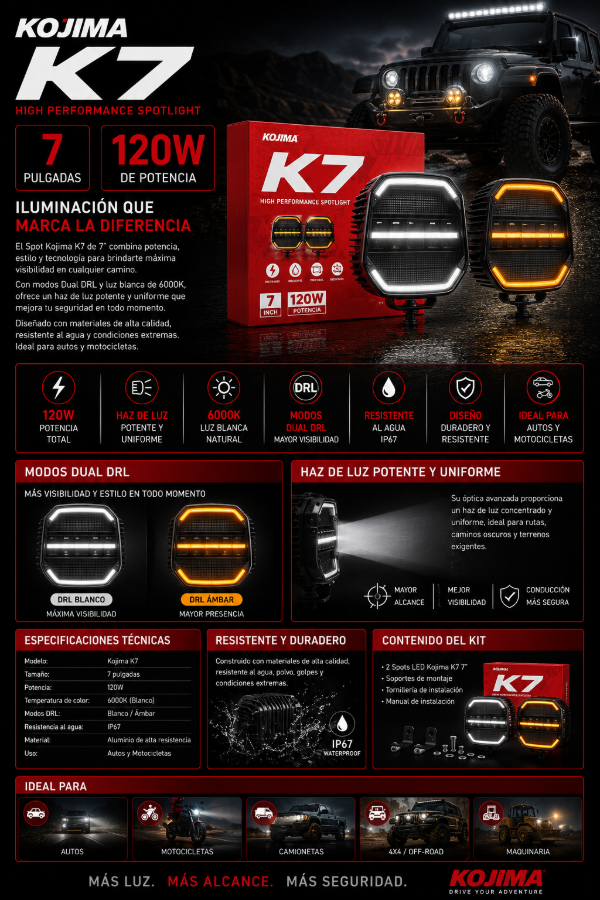 Producto - Kit 2 Spots LED Kojima K7 7" 120W 6000K Dual DRL Blanco/Ambar IP67 - OffRoad