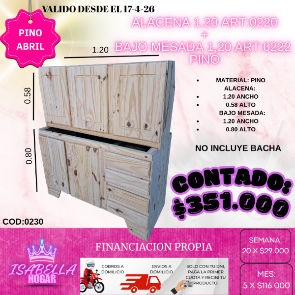 Producto - ALACENA + BAJO MESADA 1.20 PINO COD:0230