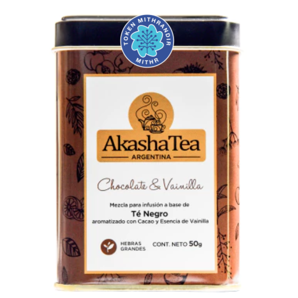 Producto - Akasha Tea Chocolate y Vainilla. Té en Hebras. Lata x 50 g