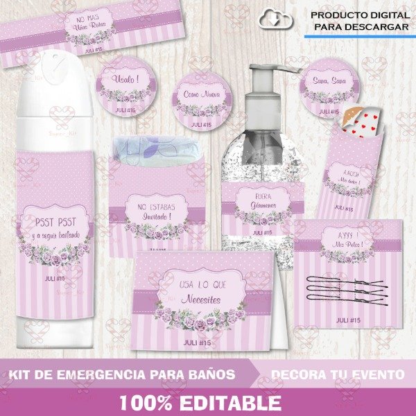 Producto - Kit Emergencia SOS para Baños Shabby Lila Editable