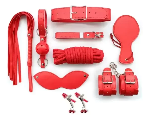 Producto - KIT BONDAGE ROJO 8 PIEZAS LATIGO ANTIFAZ MORDAZA ESPOSAS BDSM - 0