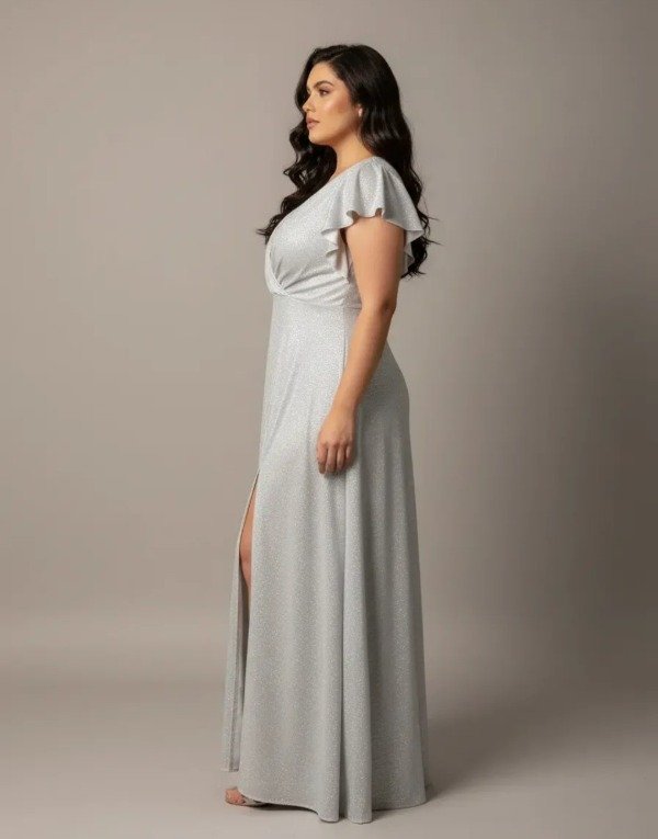 Vestido largo con mangas plateado lurex y talle grande — imagen 4