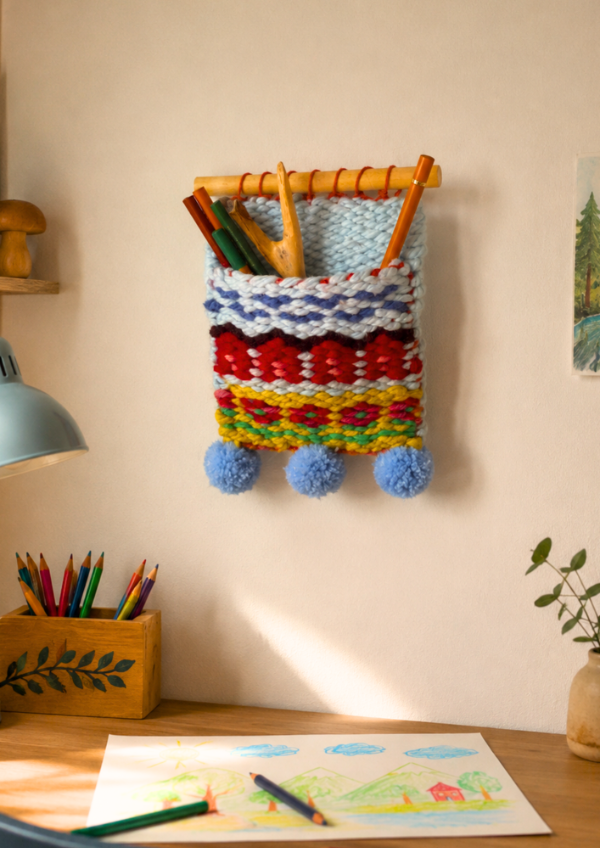 Producto - Tapiz Hogar con bolsillo tejido en telar portaobjetos 14x20 cm