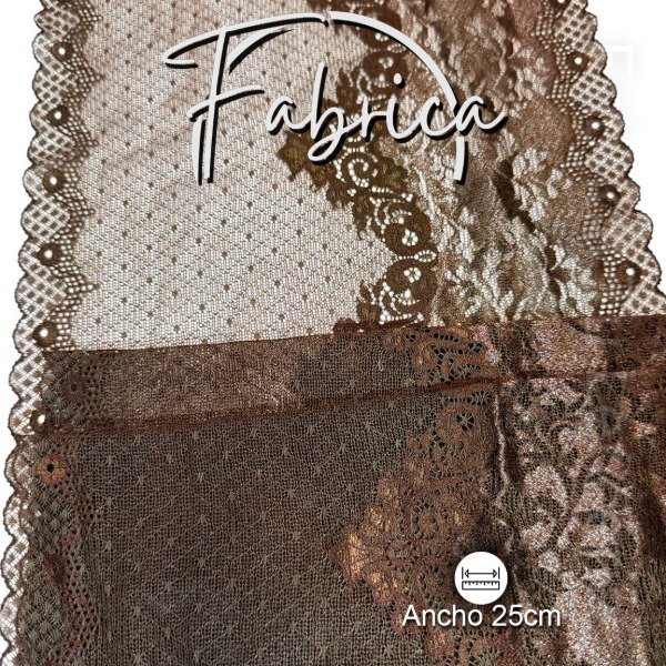 Producto - PS324 Puntilla Marrón Café simil tul bordado con Lurex. Medida: 25cm (metro)