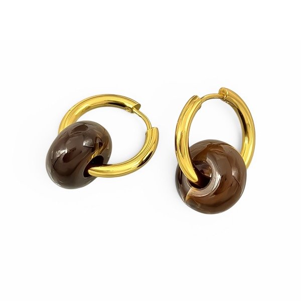 Producto - Argollas de acero dorado con dije - 1.7cm - Dona - Chocolate