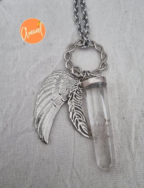 Producto - Collar Cápsula LUZ péndulo Cuarzo Cristal, pluma y ala