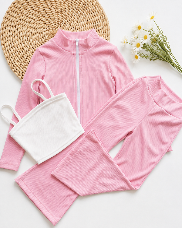 Producto - TRÍO CHANTAL ROSA (CAMPERA + TOP + PANTALÓN OXFORD)