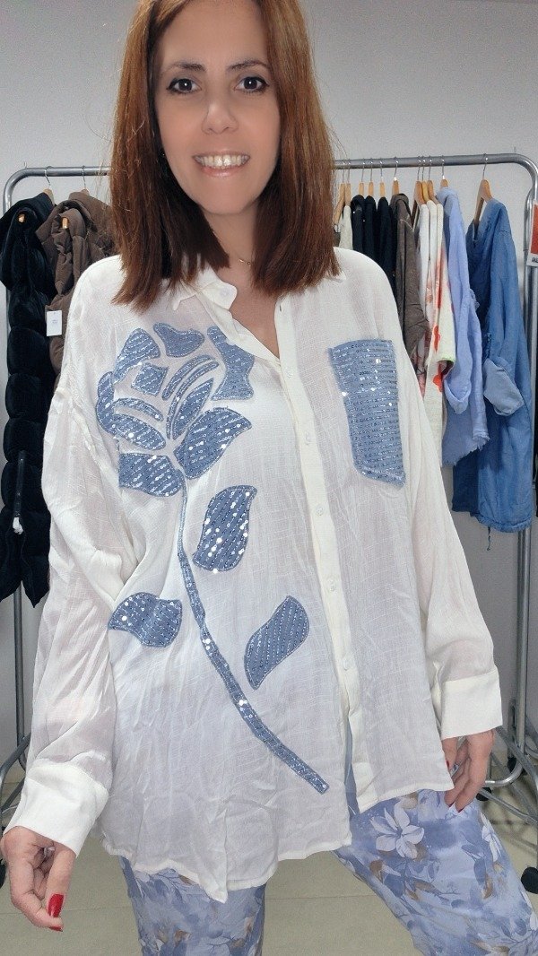 Producto - Camisa Moda Italiana Exclusiva Simil Jean y lentejuelas Rosa - XL-XXL - 0
