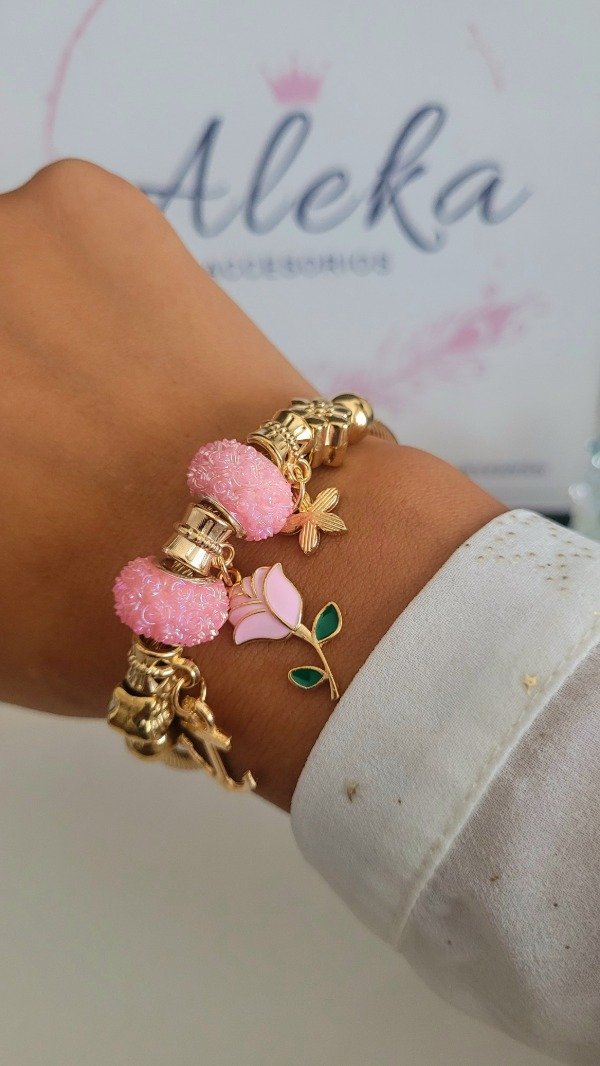 Producto - Pulsera esclava regulable dije tulipán rosa de acero dorado