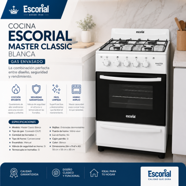 Producto - COCINA ESCORIAL MASTER CLASSIC BLANCA (GAS ENVASADO)