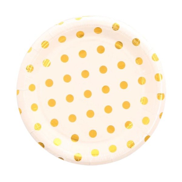 Producto - Platos con stamping x10un color blanco lunares dorados