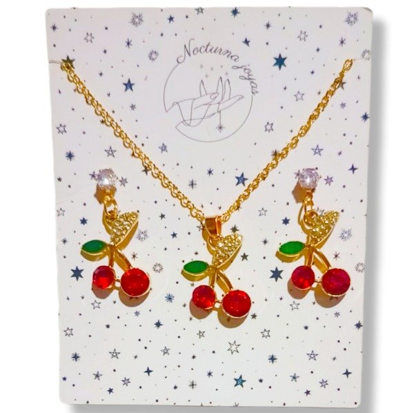 Producto - Set de collar y aros cereza en dorado